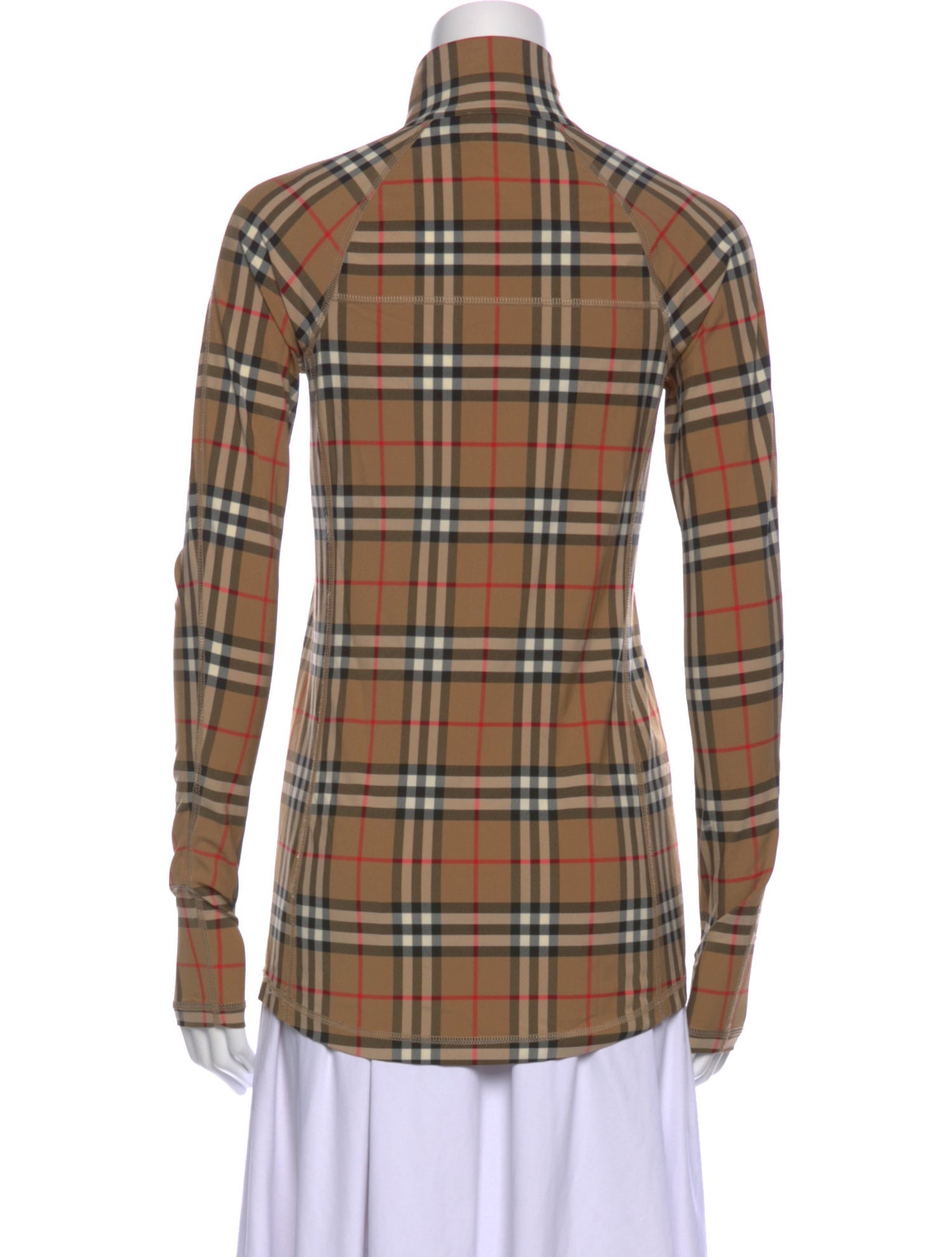 Burberry Plaid Print Mock Neck Button-Up Top